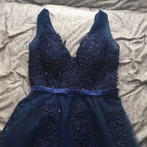 Navy Beaded Tulle Prom Dress